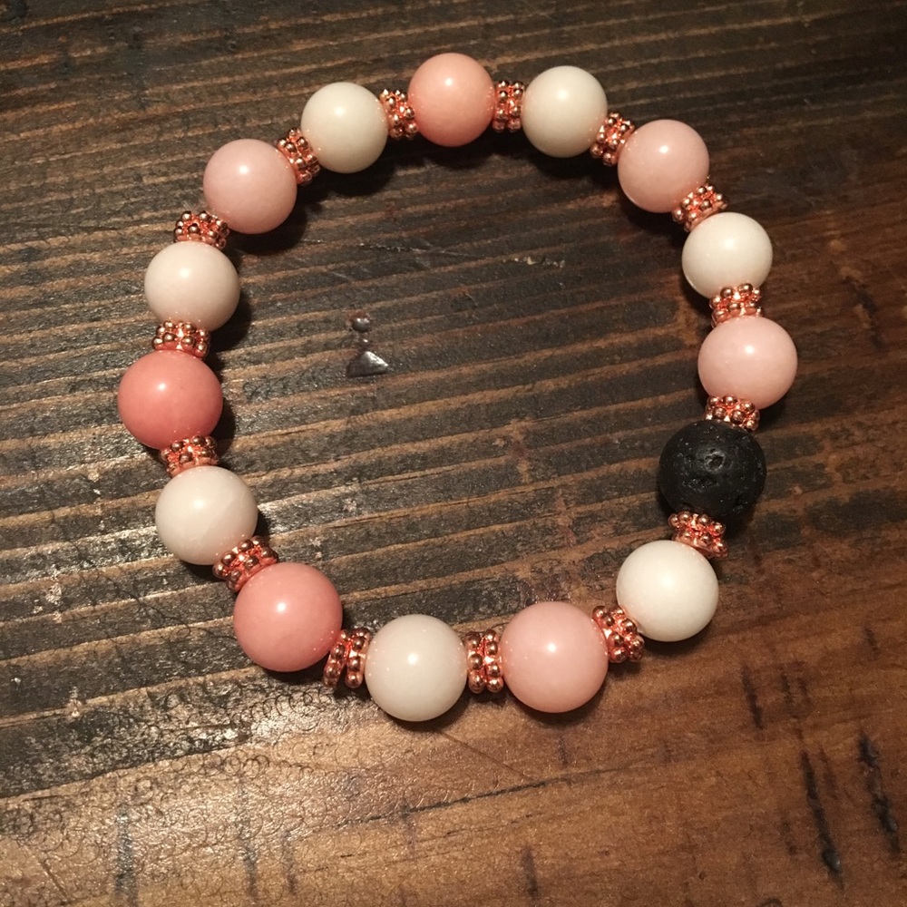 Handmade Pink and white jade & lava rock bracelet